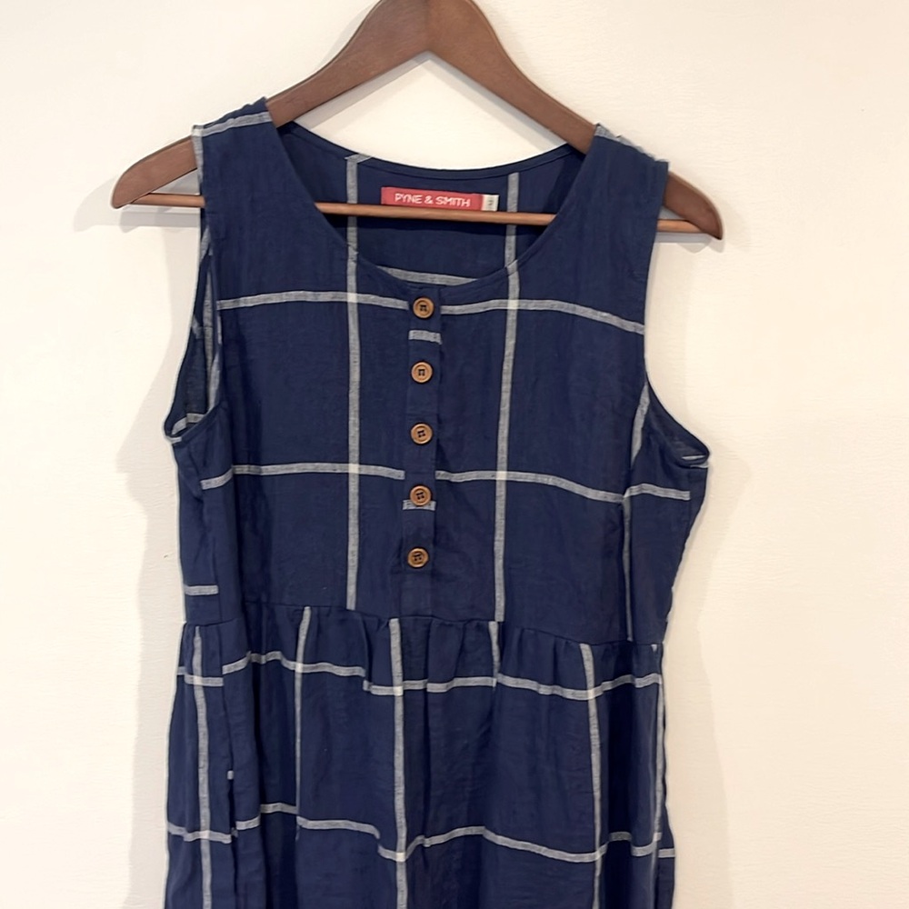 Pyne and Smith Linen Navy Checkered Midi Dress